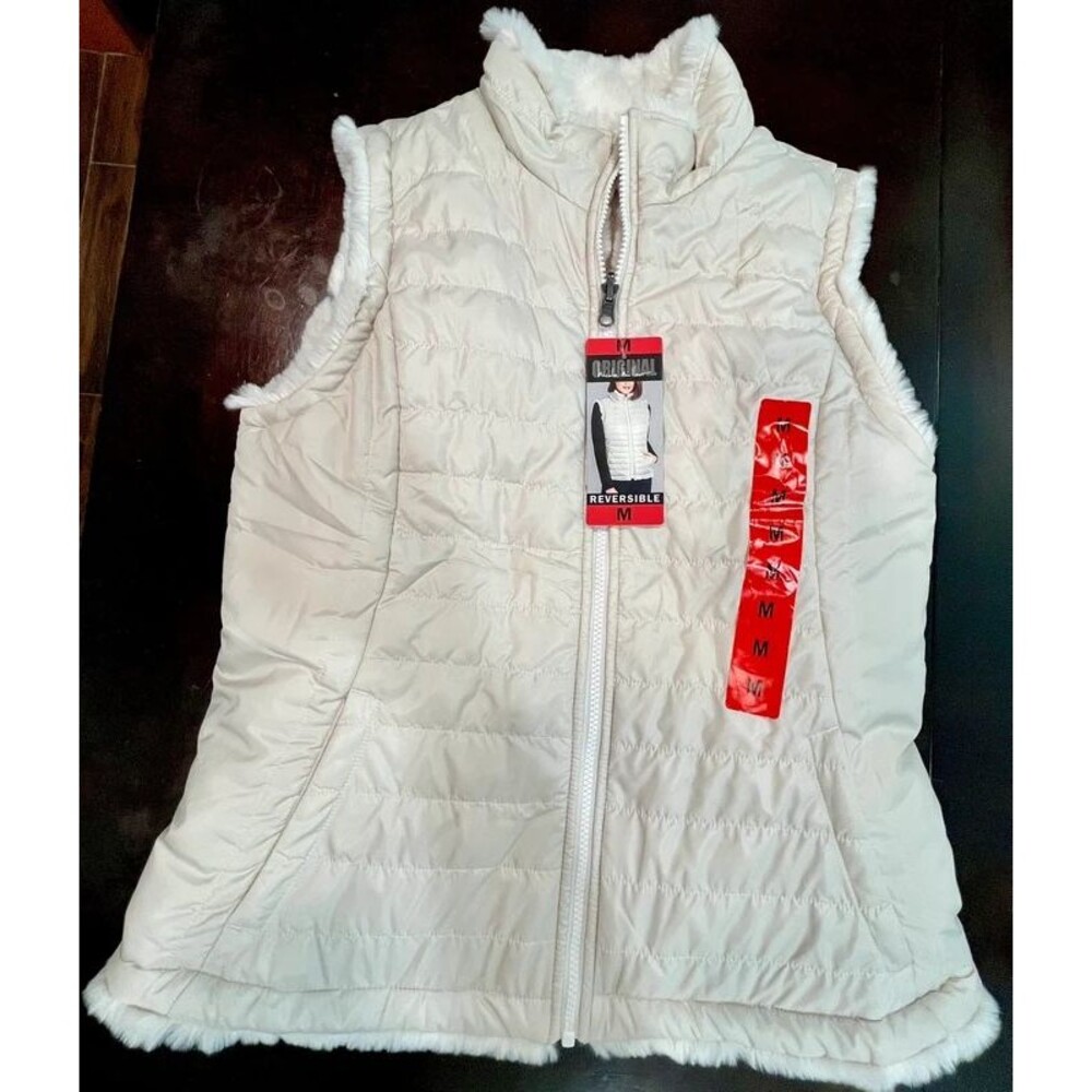 Nicole Miller White Reversible Puffer Faux Fur Vest – Size Medium NWT